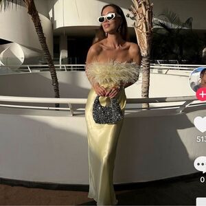 Zara Pale Yellow Satin Feather Bust Strapless Gown